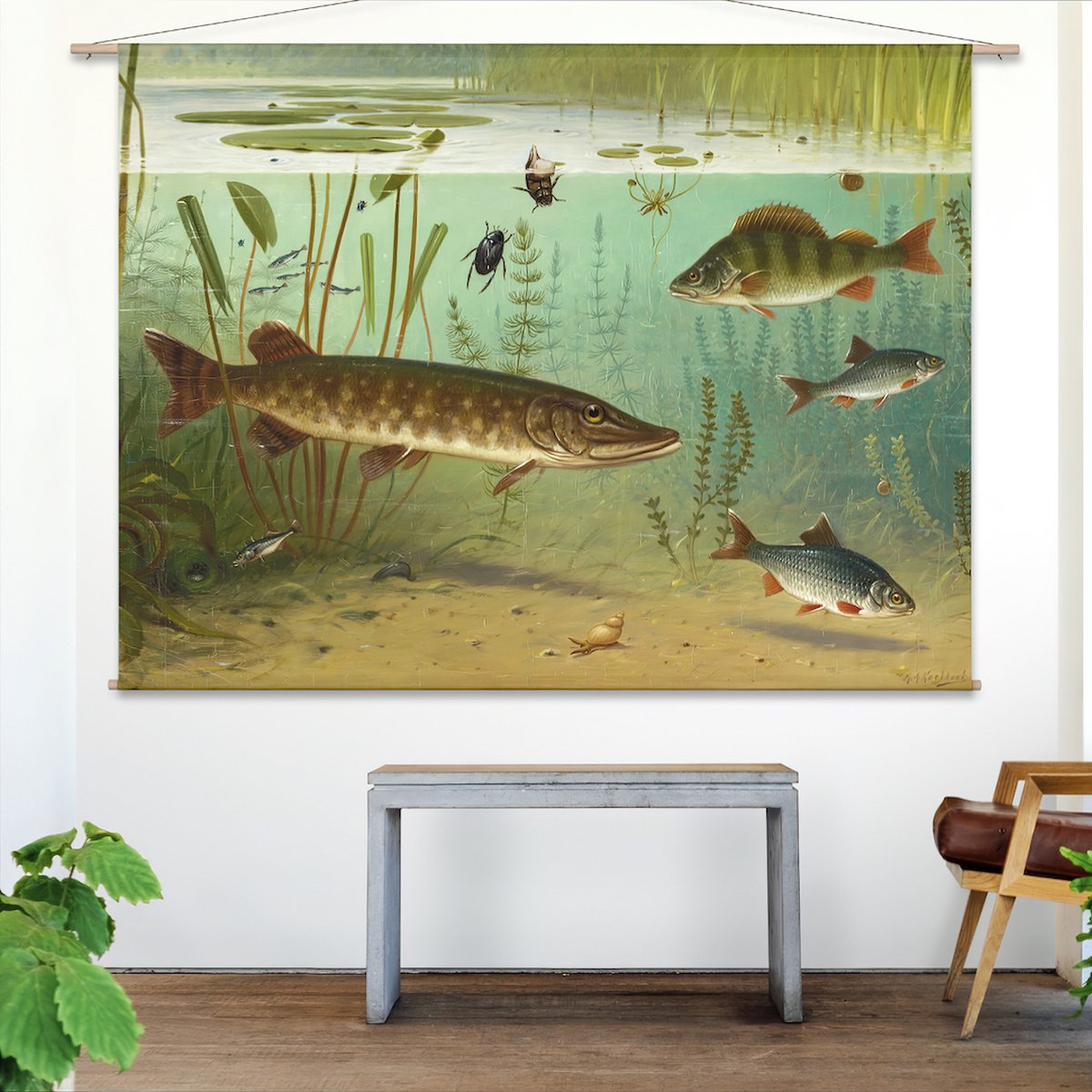 Wandkleed Zoetwatervisschen II van M.A. Koekkoek - L: Landscape 135 x 95 cm