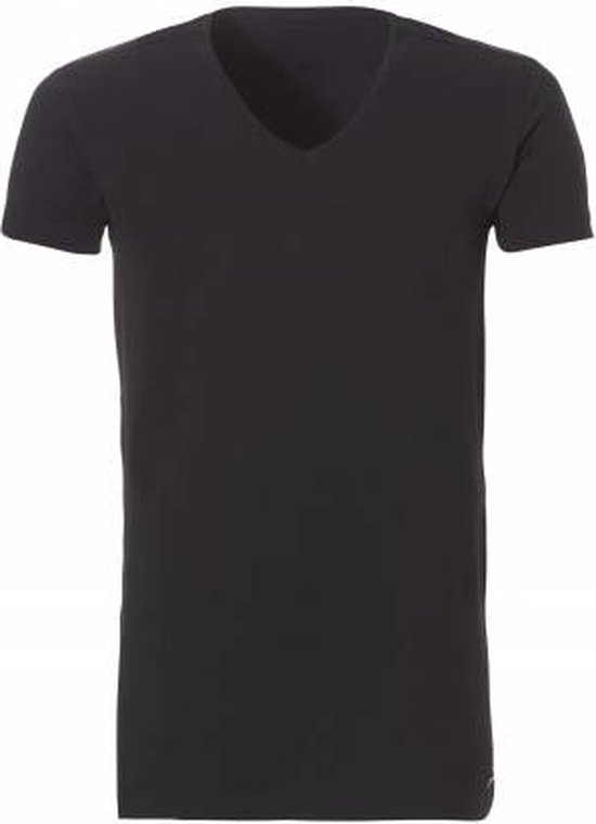 Zwart t-shirt met V-hals en korte mouwen, recht model.
