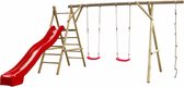 Balançoire double en bois avec toboggan 300cm rouge et corde d'escalade Noortje – 450x360x230cm - SwingKing