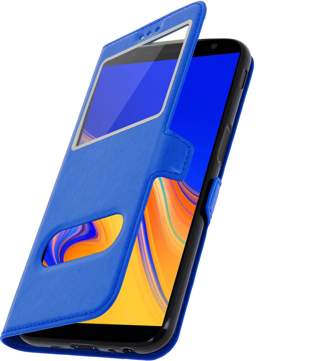 Avizar Foliohoes Geschikt voor Samsung Galaxy J6 Plus blauw met dubbel venster, Blauw