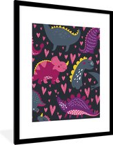 Poster in fotolijst kind - Dinosaurus - Kind - Patronen - Roze - Meisjes - Schilderij voor kinderen - 60x80 cm - Wanddecoratie meisjes - Decoratie voor kinderkamers