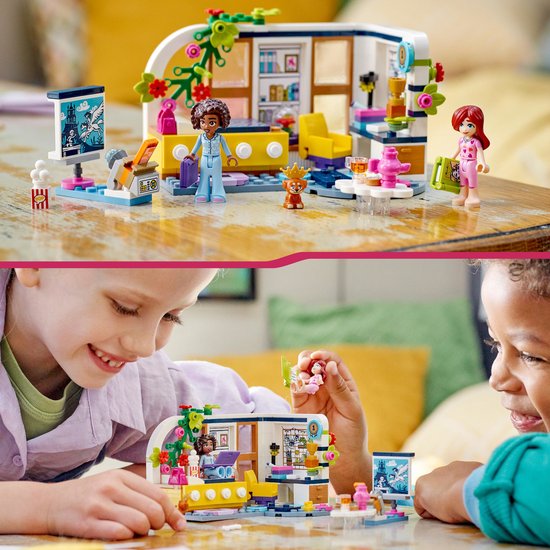 Kinderen spelen met een LEGO Friends kamer. Boven: een kamer met meiden en accessoires.