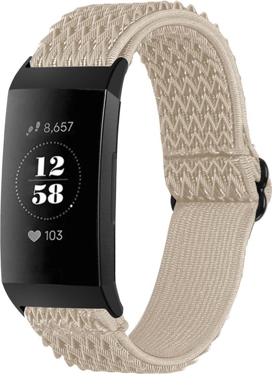 iMoshion Bandje Geschikt voor Fitbit Charge 3 / 4 - iMoshion Elastisch nylon band met zwarte aansluiting - Beige