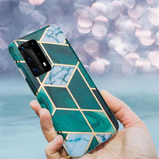 Cadorabo Hoesje geschikt voor Huawei P40 in Donkergroen Wit Goud Marmer No. 6 - Beschermhoes gemaakt van TPU siliconen Case Cover met mozaïek motief