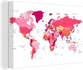 Canvas Wereldkaart - 90x60 - Wanddecoratie Wereldkaart - Topografie - Roze