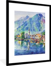 Fotolijst incl. Poster - Schilderij - Olieverf - Huis - Bergen - Water - 60x80 cm - Posterlijst