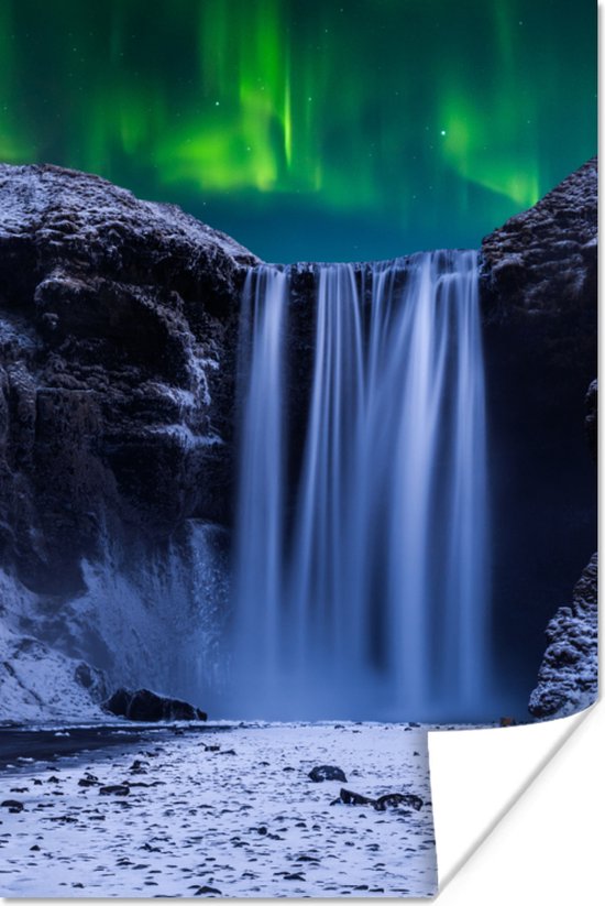 Poster Noorderlicht - Waterval - Sneeuw - IJsland - 80x120 cm