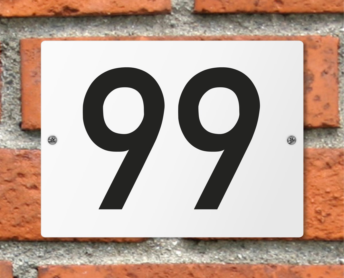 Huisnummerbord wit - Nummer 99 - standaard - 16 x 12 cm - schroeven - naambord - nummerbord - voordeur