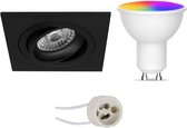 LED Spot Set GU10 - Facto - Smart LED - Wifi LED - Slimme LED - 5W - RGB+CCT - Aanpasbare Kleur - Dimbaar - Afstandsbediening - Pragmi Borny Pro - Inbouw Vierkant - Mat Zwart - Kantelbaar - 92mm