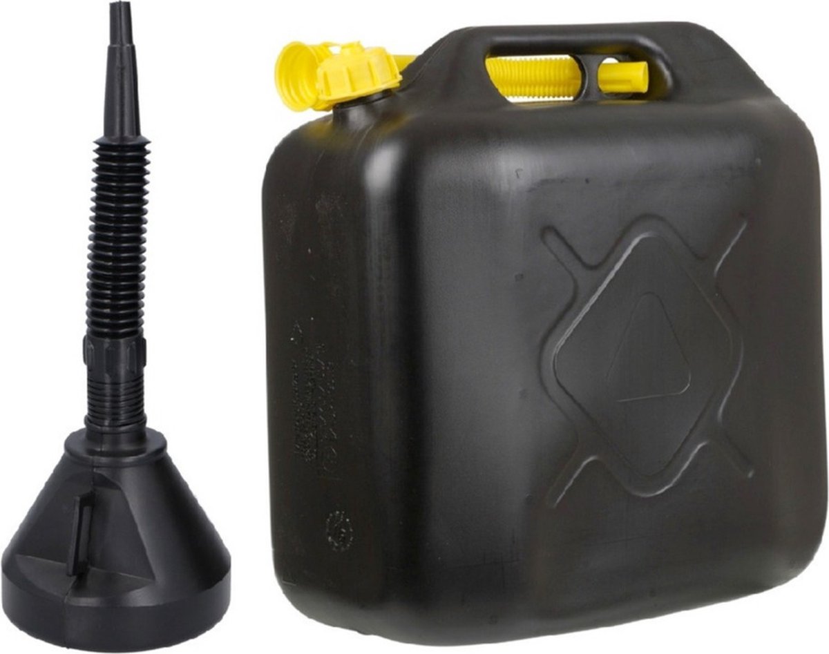 Jerrycan zwart voor olie en brandstof van 20 liter met een handige grote trechter van 39 cm