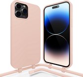 Coverzs Silicone case met koord - Telefoonhoesje met koord - Backcover hoesje met koord - touwtje - geschikt voor Apple iPhone 14 Pro - roze