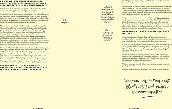 Pagina met tekst over glutenvrij bakken, met illustraties van recepten en een grote illustratie met de tekst 't is een wonderlijk recept