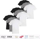 Lot de 9 T-Shirts Homme Sol's 's 100% Coton Bio Col Rond Zwart, Grijs et Wit Taille L