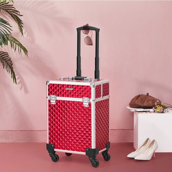 Cosmeticakoffer - Trolley - Make-upkoffer - Schmink-koffer - Met handgreep - Met 4 wielen - Roze