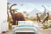 Behang kinderkamer - Fotobehang Dinosaurus - Landschap - Tropisch - Kinderen - Jongens - Breedte 420 cm x hoogte 280 cm - Kinderbehang