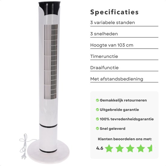 Ventilateur Tour Sans Pales - 3 Vitesses, Oscillation 70°, Minuterie 120 Min - Design Compact Et Silencieux
