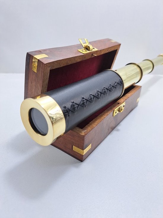 Denza - Verrekijker decoratief in houten kistje met anker - nautisch - zwart leer messing - nautisch - telescoop - FZ-16-P-3400