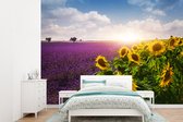Behang - Fotobehang De zonnebloemen naast lavendelveld - Breedte 305 cm x hoogte 220 cm