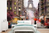 Behang - Fotobehang Schilderij - Parijs - Eiffeltoren - Paraplu - Olieverf - Breedte 390 cm x hoogte 260 cm