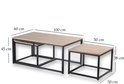 Dimensions de l'ensemble de tables basses avec plateaux en bois et cadres en métal noir.