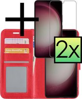 Hoes Geschikt voor Samsung S23 Hoesje Book Case Hoes Flip Cover Wallet Bookcase Met 2x Screenprotector - Rood