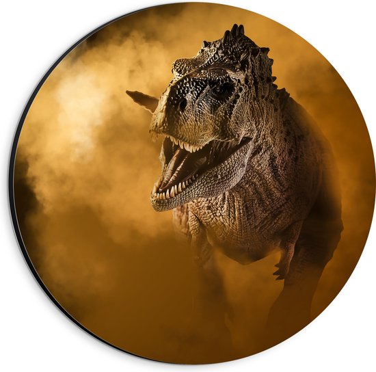 Dibond Muurcirkel - Angstaanjagend T-rex Dinosaurs vanuit Oranje Mist - 20x20 cm Foto op Aluminium Muurcirkel (met ophangsysteem)