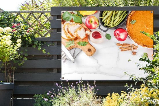 Tuinposter 120x90 cm - Tuindecoratie Groente - Fruit - Vlees - Kruiden - Poster voor in de tuin - Buiten decoratie - Schutting tuinschilderij - Tuindoek muurdecoratie - Wanddecoratie balkondoek