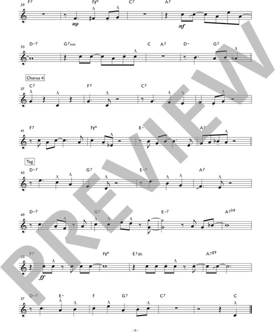 Muziekblad met akkoorden en noten voor een blaasinstrument.
