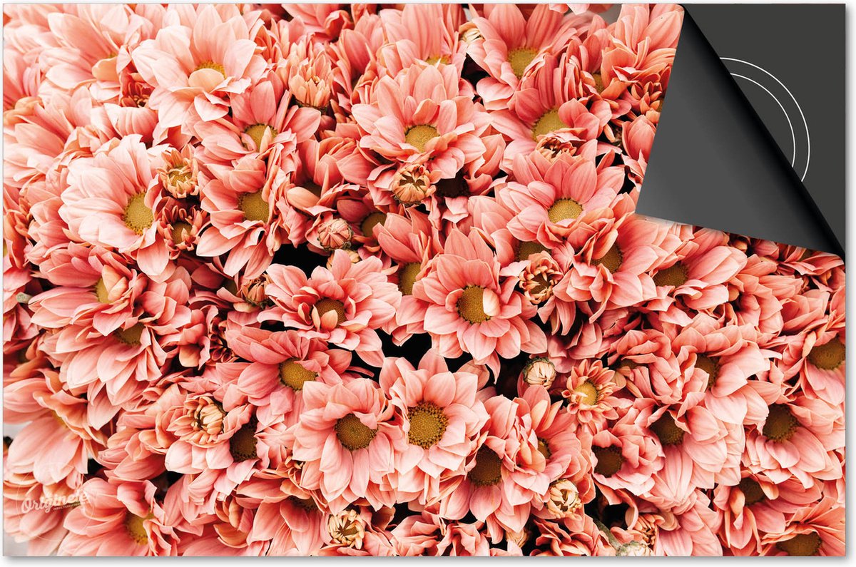 Inductie beschermer 65x52 - afdekplaat inductie mat - Dietrix Kookplaat beschermer - DELUXE - Flowers 3 - Margrietjes roze oranje