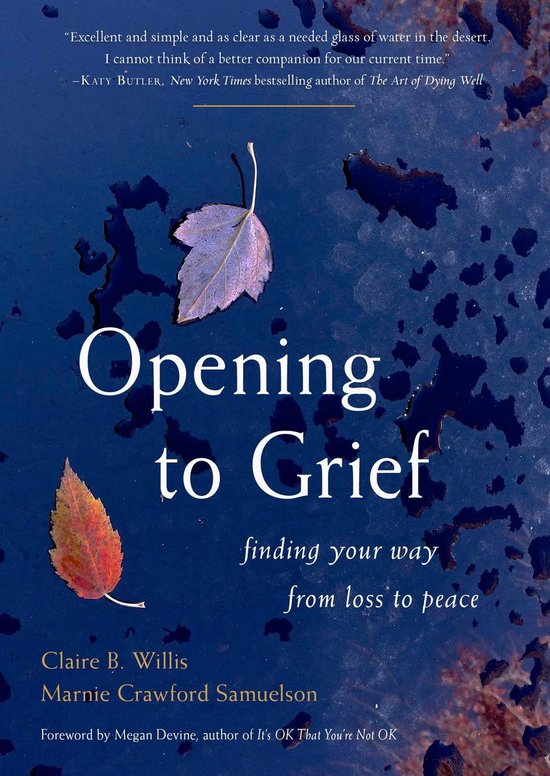 Boek 'Opening to Grief', met twee bladeren op een donkere, waterige achtergrond. Titel en auteursnamen in grote witte letters.