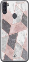 Samsung A11 hoesje siliconen - Stone grid marmer | Samsung Galaxy A11 case | Roze | TPU backcover transparant