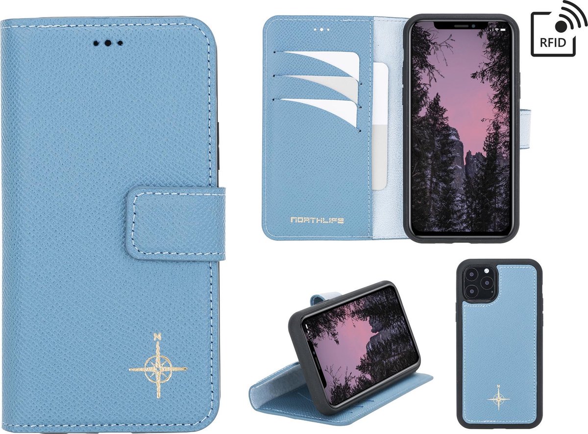 NorthLife Geschikt voor iPhone 11 Pro Max - Leren Afneembare 2-in-1 bookcase telefoonhoes - Lichtblauw