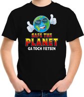 Funny emoticon t-shirt safe the planet zwart voor kids M (134-140)