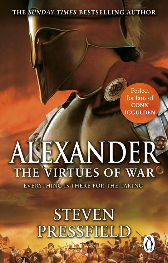 Boekomslag met een krijger in harnas en helm, met daaronder de titel 'ALEXANDER THE VIRTUES OF WAR'.