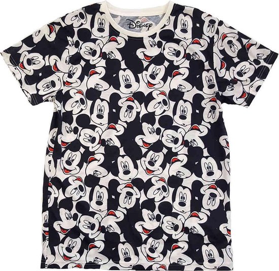 Disney Mickey Mouse Heren Tshirt -XS- All Over Print Heads Zwart/Wit