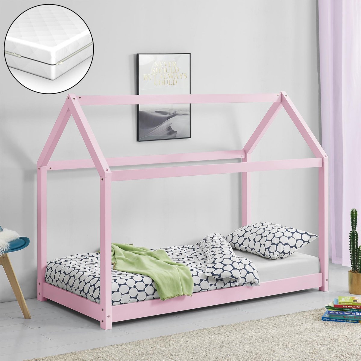 Lit enfant lit en bois avec matelas lit cabane 80x160 cm rose | bol