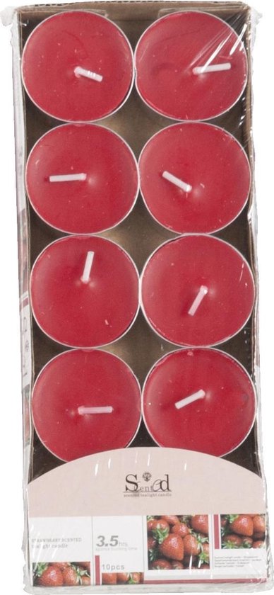 10x Geurtheelichtjes aardbei/rood 3,5 branduren - Geurkaarsen aardbeiengeur - Waxinelichtjes