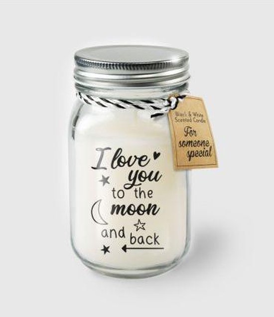 Kaars - I love you to the moon and back - Lichte vanille geur - In glazen pot - In cadeauverpakking met gekleurd lint