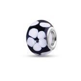 Quiges - Glazen - Kraal - Bedels - Beads Zwart met Witte Bloemen Past op alle bekende merken armband NG1957