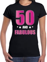 50 and fabulous / Sarah verjaardag cadeau t-shirt / shirt - zwart met roze en witte letters - voor dames - 50ste verjaardag kado shirt / outfit / Sarah M