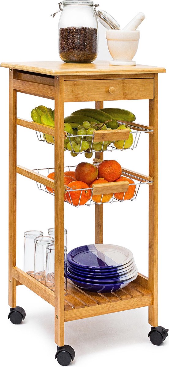 relaxdays - keukentrolley JAMES S - keukenwagen bamboe - serveerwagen trolley