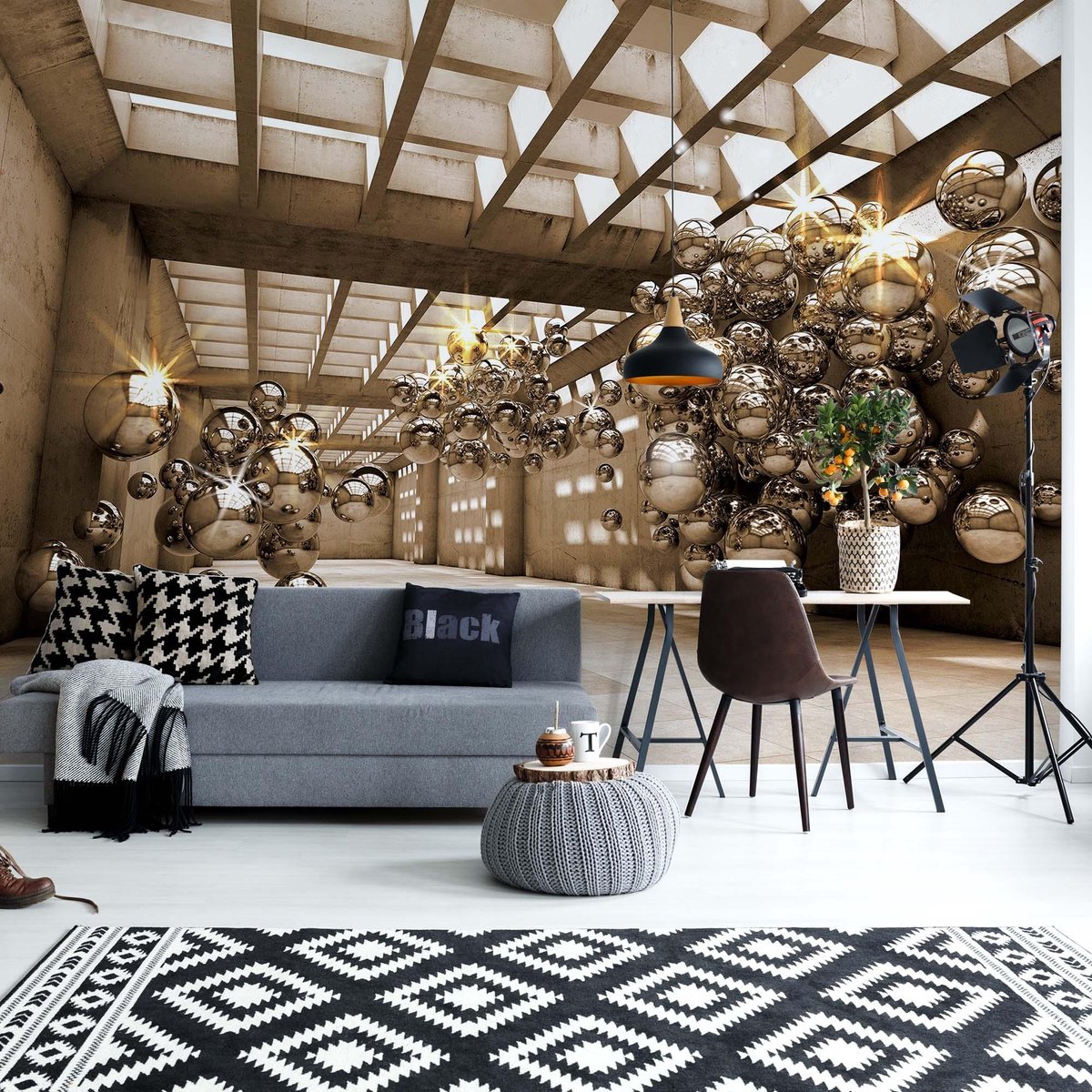 Fotobehang - Vlies Behang - Gouden modernistische 3D-kamer - 368 x 254 cm