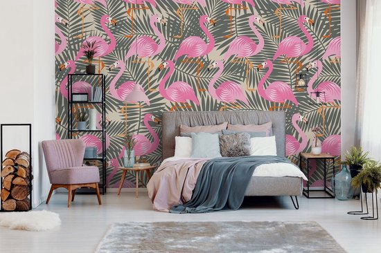 Papier peint photo Intissé - Papier Peint Intissé - Flamants Roses et Feuilles Botaniques - 368 x 254 cm