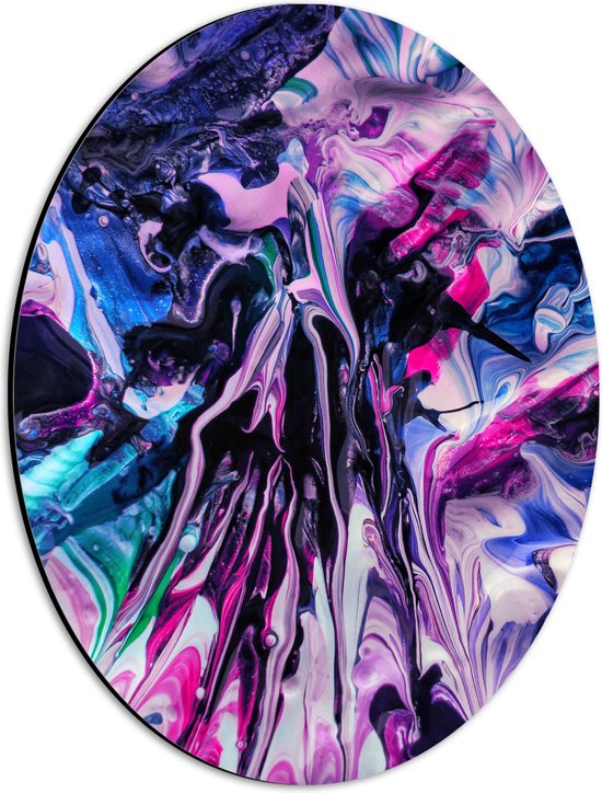 Dibond Ovaal - Verfmix van Blauwe, Paarse, Zwarte en Roze Kleuren - 30x40 cm Foto op Ovaal (Met Ophangsysteem)