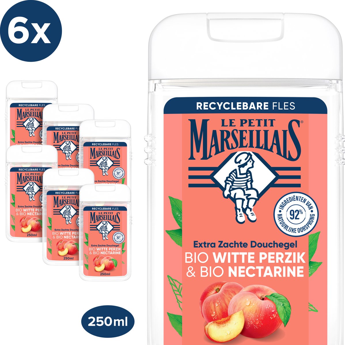 Le Petit Marseillais douchegel - met Bio Witte Perzik & Bio Nectarine - hydraterend - op plantaardige basis - 6 x 250 ml