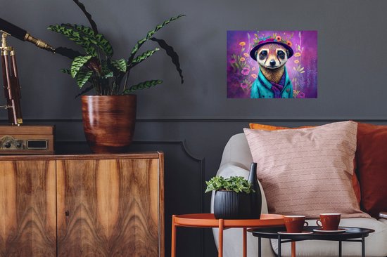 Stickers muraux - Film autocollant - Suricate - Fleurs - Peinture - Violet - Portrait - Suricate - 40x30 cm - Film adhésif - Stickers muraux Chambre d'enfant - Papier peint autocollant - Papier peint autocollant - Film autocollant