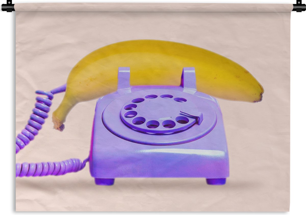 Wandkleed - Telefoon - Banaan - Paars - Humor - Muurdoek - 180x135 cm - Muurtapijt