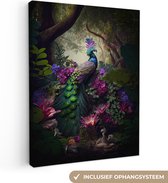 Canvas Schilderij Pauw - Jungle - Bloemen - Natuur - 60x80 cm - Wanddecoratie