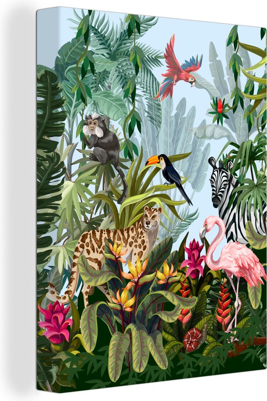 Canvas Schilderij Jungle - Natuur - Jongens - Meisjes - Kinderen - Zebra - Flamingo - 30x40 cm - Wanddecoratie