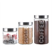 Luchtdichte glazen containers met deksel | Voorraadcontainer met RVS Deksel | 3-Delige Set voor Koffie, Suiker en Thee | 1,6/1,3/0,8 L